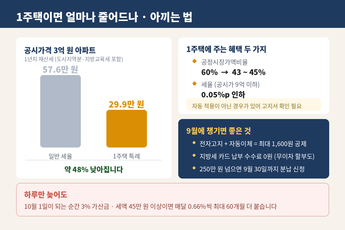 1세대 1주택 재산세 혜택 비교 – 공시가 3억 아파트 기준 일반 57.6만 원 대 특례 29.9만 원, 전자고지 자동이체 등 절약 방법