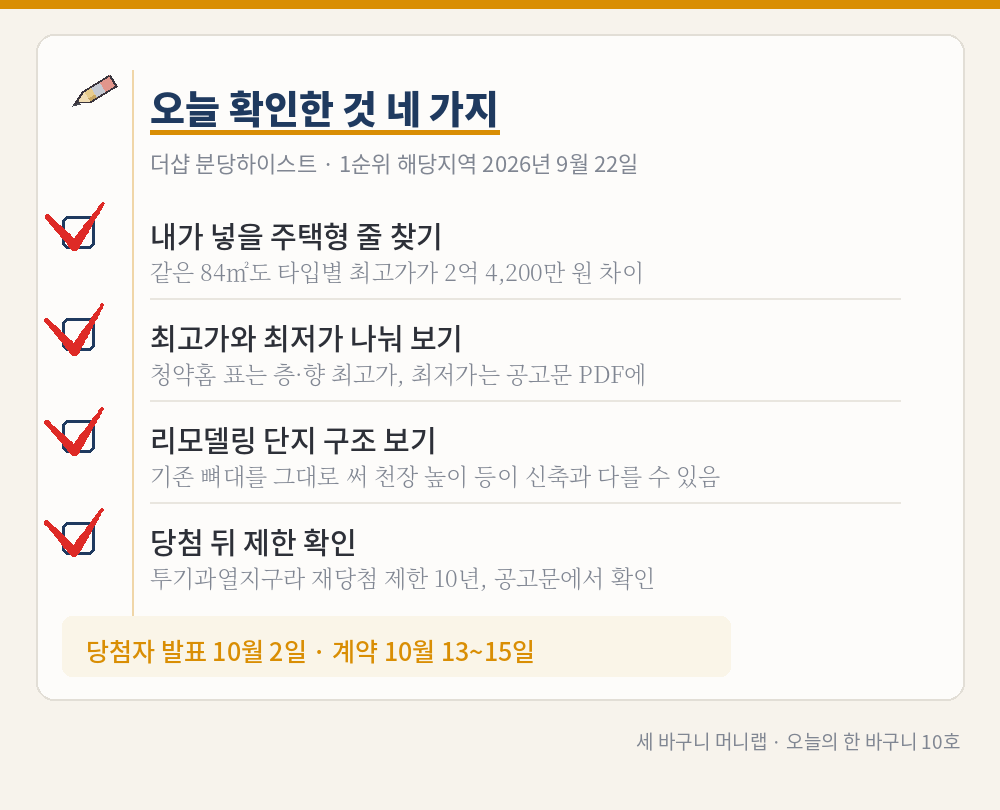 오늘의 한 바구니 10호 그림 3 – 더샵 분당하이스트 청약 전에 확인한 것 네 가지(모두 빨간 체크 표시): 내가 넣을 주택형 줄 찾기(같은 84㎡도 타입별 최고가가 2억 4,200만 원 차이), 최고가와 최저가 나눠 보기(청약홈 표는 층·향 최고가, 최저가는 공고문 PDF), 리모델링 단지 구조 보기(기존 뼈대를 써 천장 높이 등이 신축과 다를 수 있음), 당첨 뒤 제한 확인(투기과열지구라 재당첨 제한 10년). 당첨자 발표 10월 2일, 계약 10월 13~15일