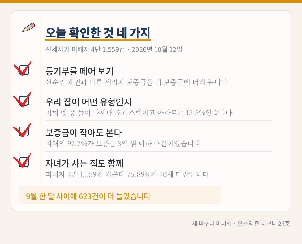 오늘의 한 바구니 24호 그림 3 – 메모지에 적은 확인 항목 네 가지: 등기부를 떼어 보기, 우리 집이 어떤 유형인지, 보증금이 작아도 본다, 자녀가 사는 집도 함께. 네 항목 모두 빨간 체크 표시